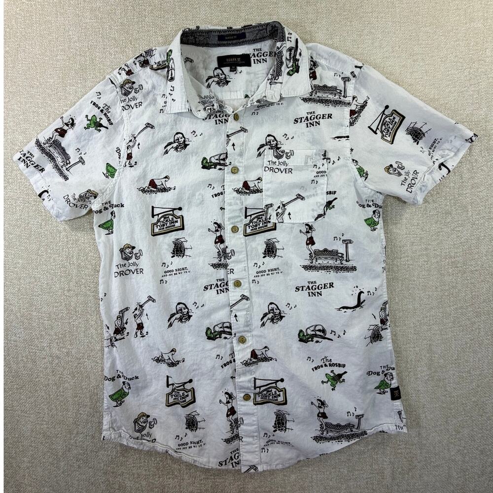 Roark Men's Medium White Revival British Pub Graphic Short Sleeve Button Shirt